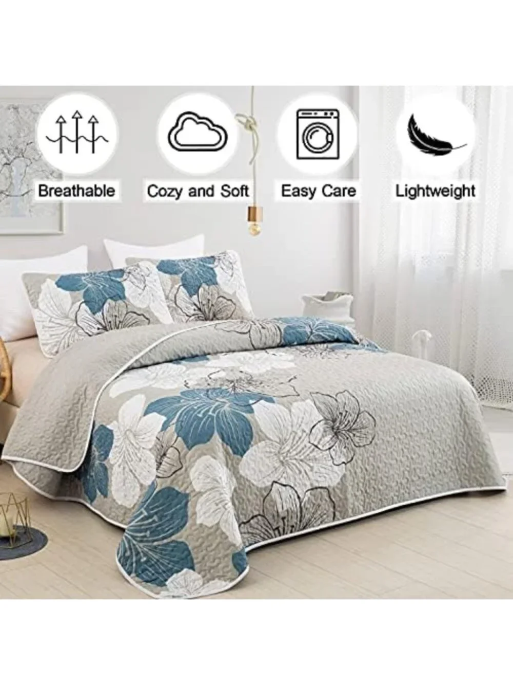 California King Size 3-Piece Blue Floral Quilt Bedding Set - Cozy & Stylish